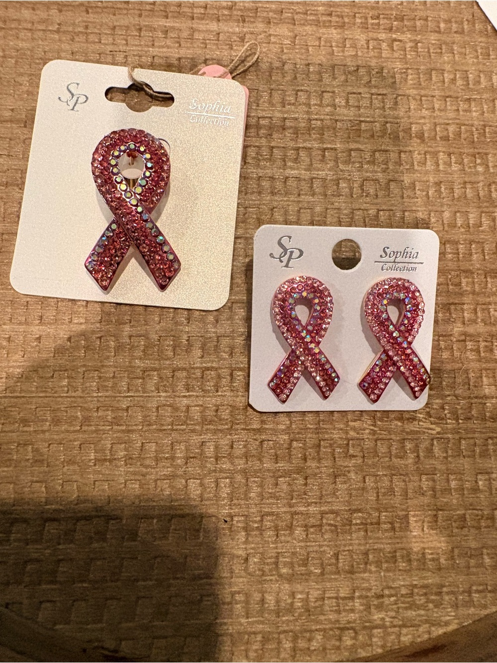 Pink Crystal Ribbon Brooch and Earrings Set